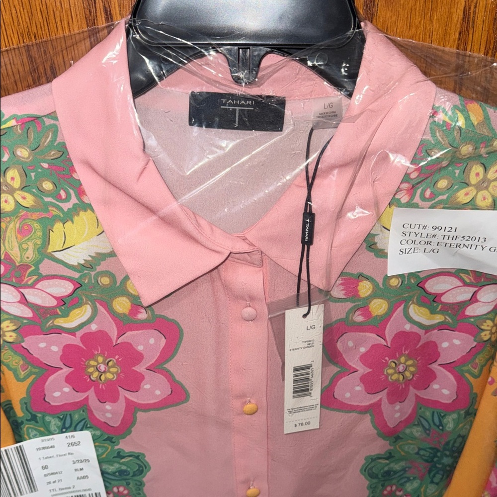T Tahari Pink and Yellow Floral Button-Down Shirt - Picture 3 of 7